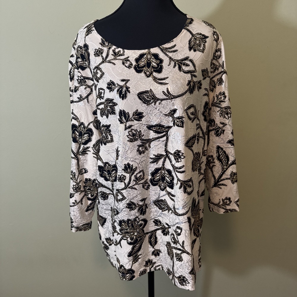 Jm Collection Women's Long Sleeve Top Floral Velvet Beige Black & Silver Size XL